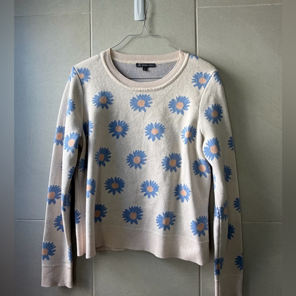 Adrianna Papell Cream and Blue Floral Sweater